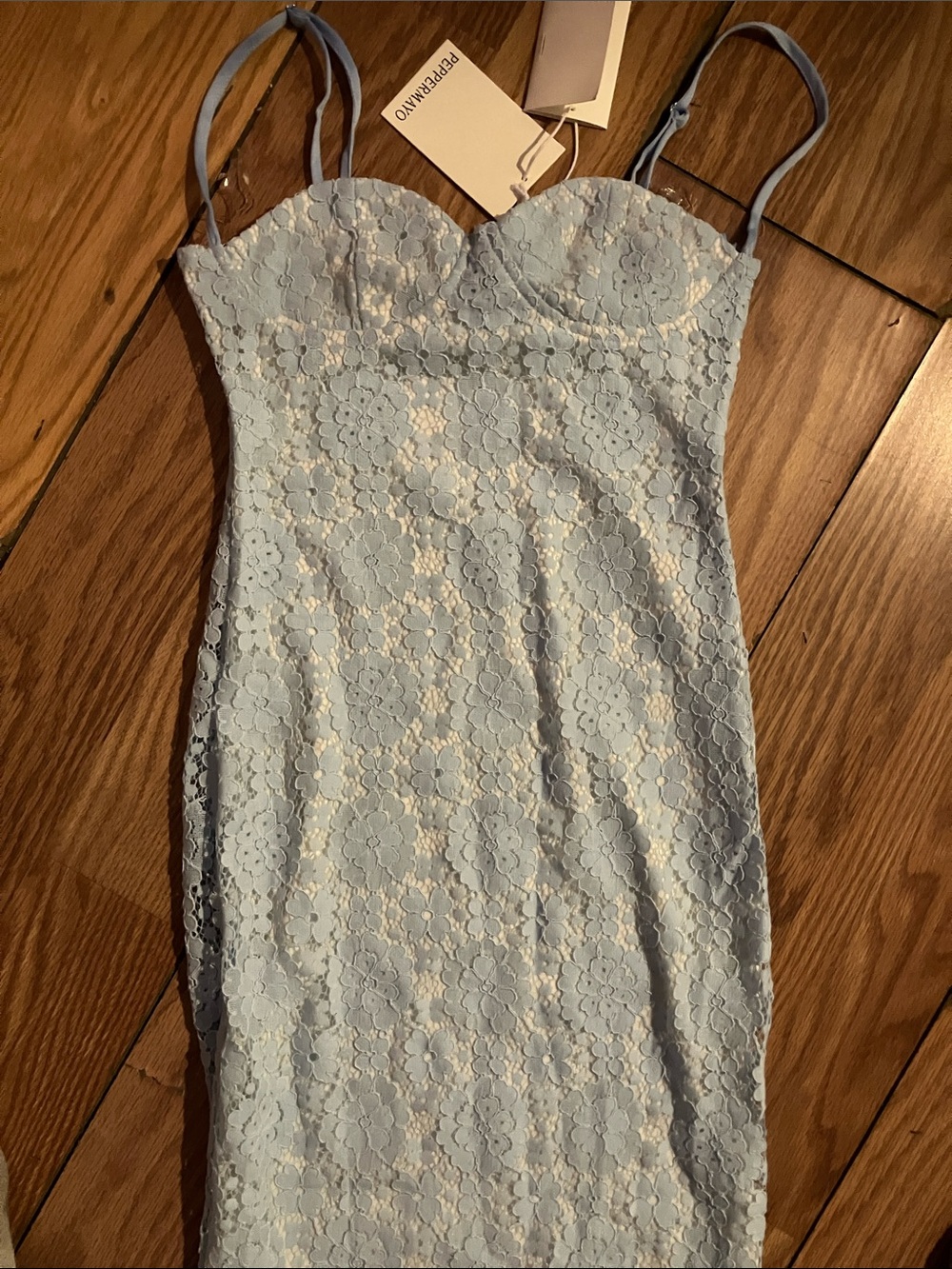 Peppermayo Pale Blue Lace Bodycon Mini Dress